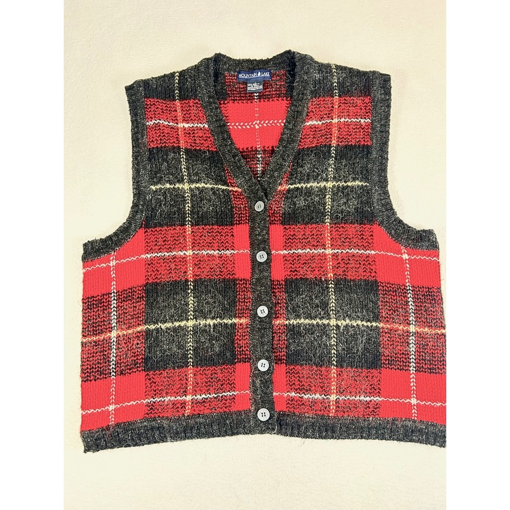 Mountain Lake Sweater Vest Womens L Red Plaid Dark Academia Heritage 02725